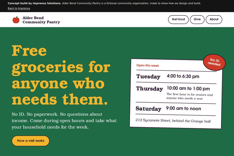 Home page of the Alder Bend Community Pantry concept site